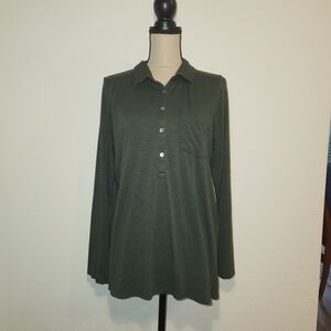 J. Jill Olive Green Collared Henley Blouse Long Sleeve Women’s Size L Casual Top